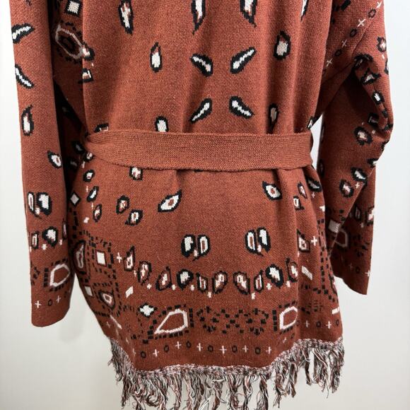 On Twelfth Rust Brown Bandana Print Cardigan XL Fringe Belted Boho Western Wool - Picture 9 of 13